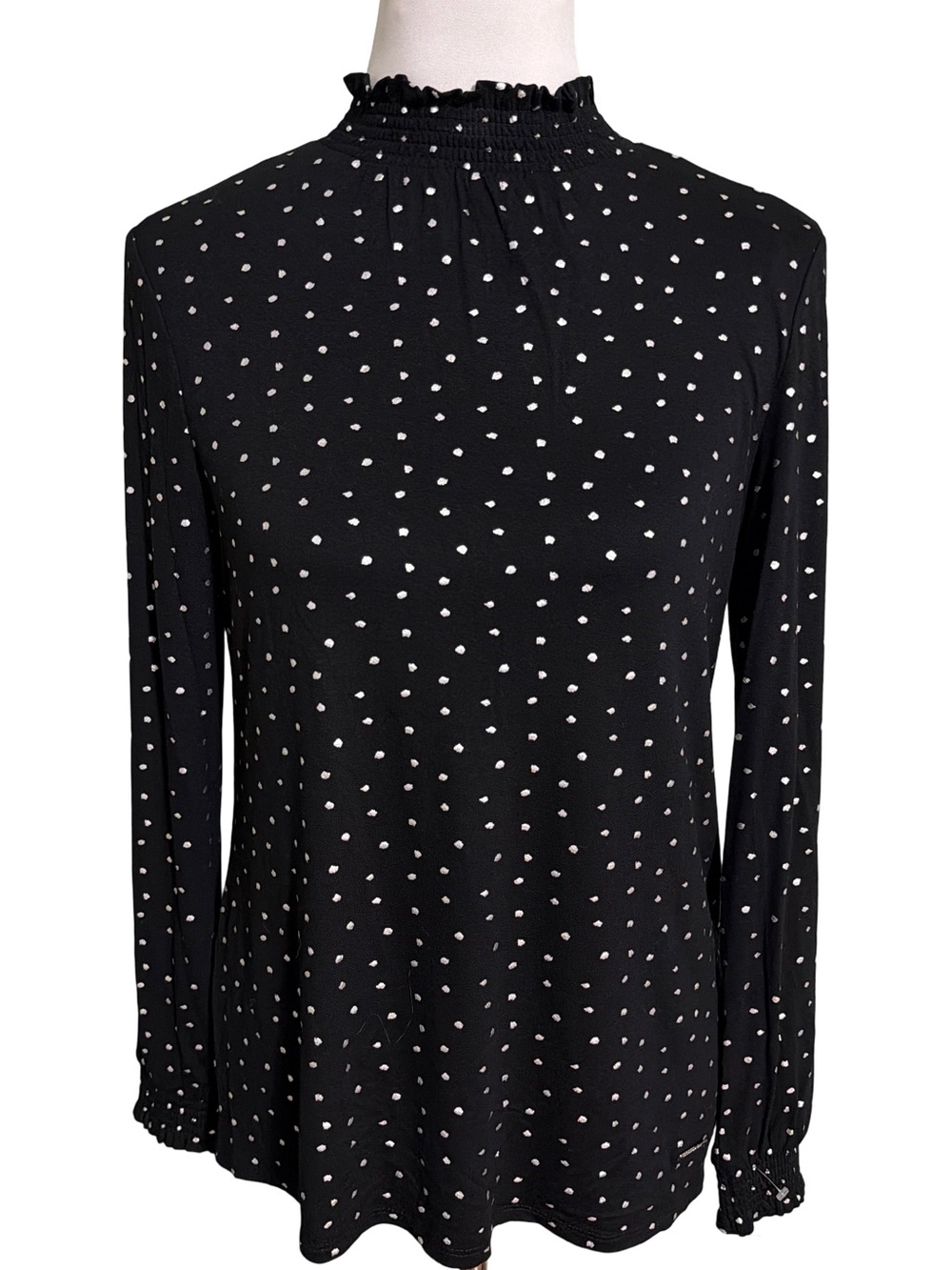 Anne Klein Black White Polka Dot Smocked Ruffle Neck Long Sleeve Blouse